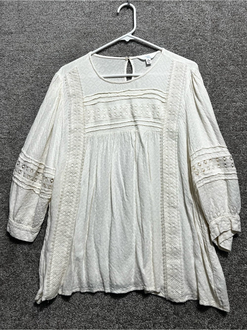 Time and True Woman’s White Boho Lace 3/4 Sleeve Blouse Top XL 16-18